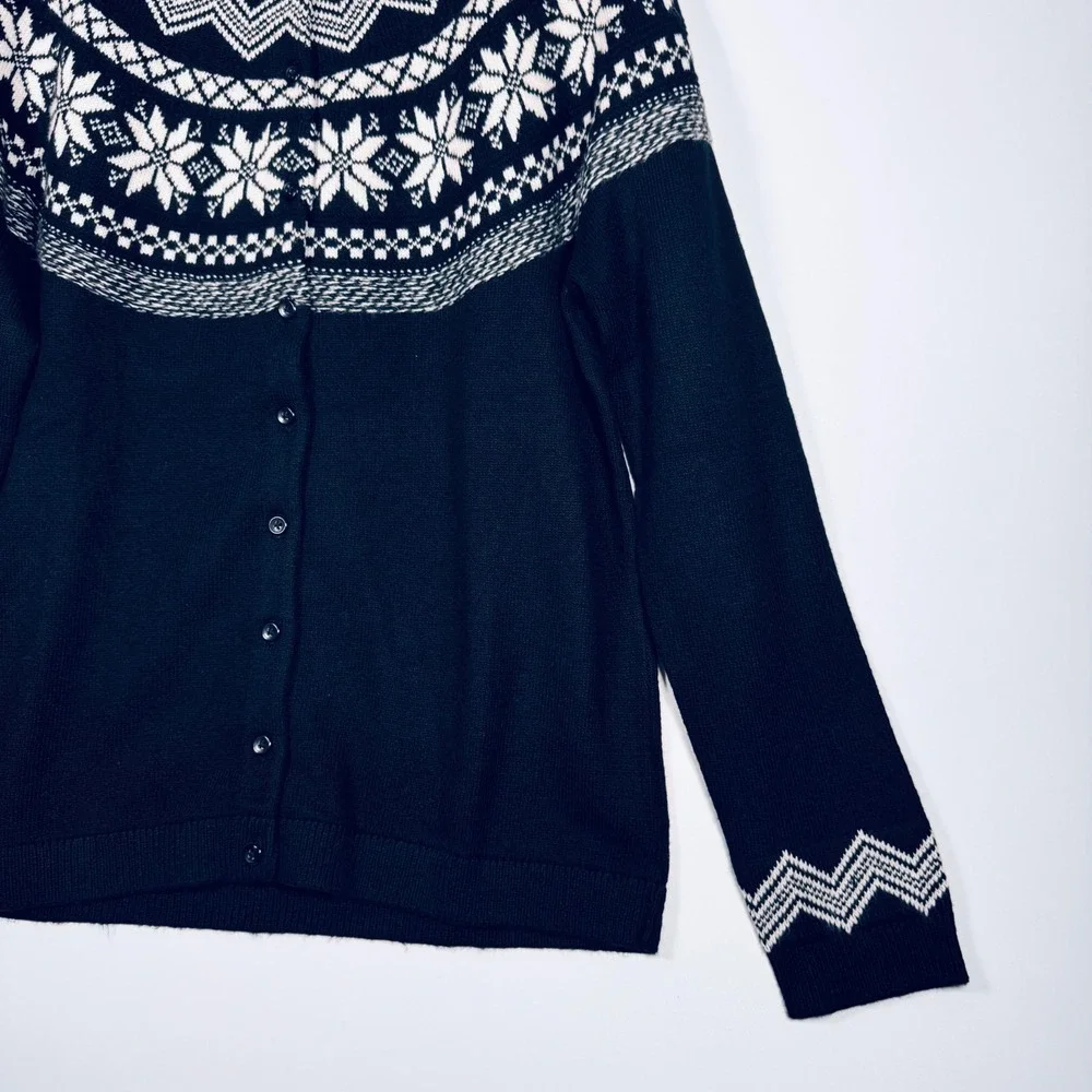 Talbots Cardigan Sweater Womens Large Black White Fair Isle Nordic Button Front‎